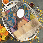 Vriksham Ethnic Village Folk Art Hand Printed With Golden Elephant Border Pen Kalamkari Saree-VS4795